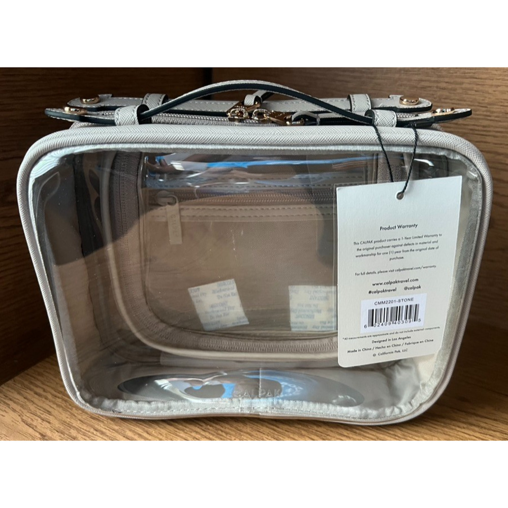 New! CALPAK Medium Clear Cosmetics Case Beige 9.75" x 7.75"x5"
